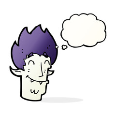 cartoon happy vampire head with thought bubble