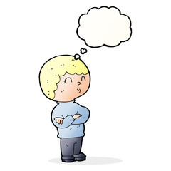 cartoon boy with folded arms with thought bubble