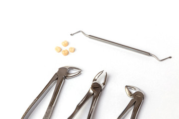 Dental instruments. Dentures and medical equipment on white background