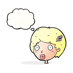 cartoon surprised female face with thought bubble