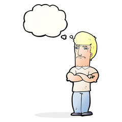 cartoon annoyed man with folded arms with thought bubble