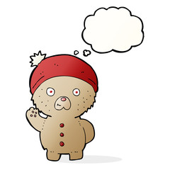 cartoon waving teddy bear in winter hat with thought bubble