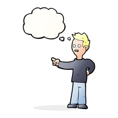 cartoon shocked boy pointing with thought bubble