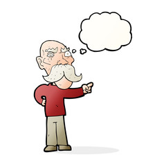 cartoon annoyed old man pointing with thought bubble