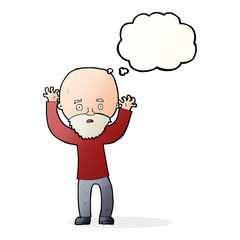cartoon bearded man panicking with thought bubble