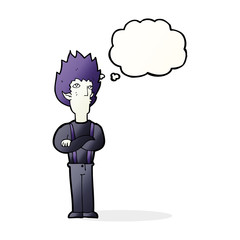 cartoon vampire man with thought bubble