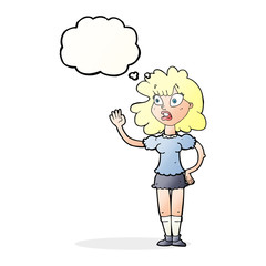 cartoon worried woman waving with thought bubble