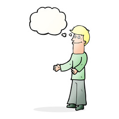 cartoon man shrugging shoulders with thought bubble