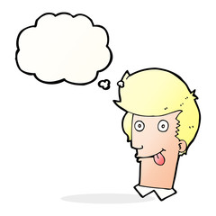 cartoon man with tongue hanging out with thought bubble