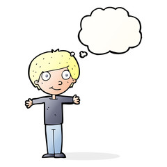 cartoon happy boy with open arms with thought bubble