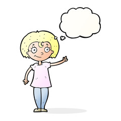 cartoon happy woman pointing with thought bubble