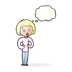 cartoon woman gesturing at self with thought bubble