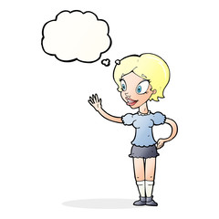 cartoon waving woman with thought bubble