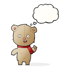 Obraz na płótnie Canvas cartoon waving teddy bear with scarf with thought bubble
