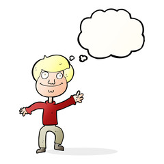cartoon happy man waving with thought bubble