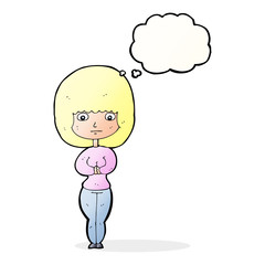 cartoon shy woman with thought bubble
