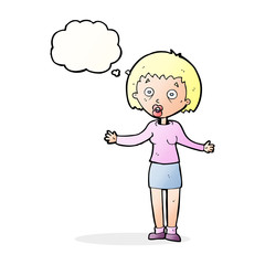 cartoon woman making excuses with thought bubble