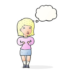 cartoon woman making excuses with thought bubble