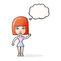 cartoon waving woman with thought bubble