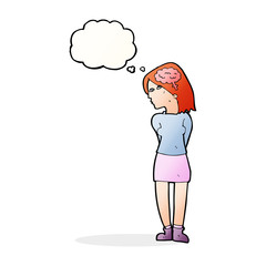 cartoon brainy woman with thought bubble