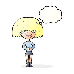 cartoon sly woman with thought bubble