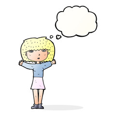 cartoon woman raising arms in air with thought bubble