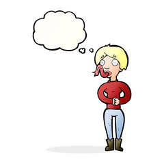 cartoon woman with snake tongue with thought bubble