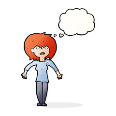 cartoon woman shrugging shoulders with thought bubble