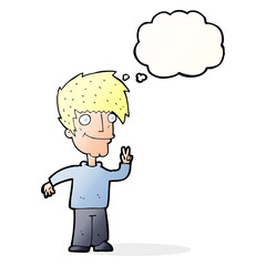 cartoon man giving peace sign with thought bubble