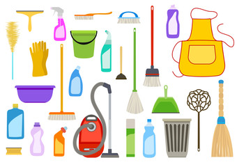 Set of cleaning supplies. Tools of housecleaning on white