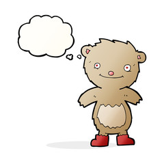 cartoon teddy bear wearing boots with thought bubble