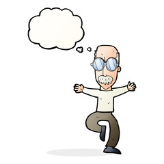 cartoon old man wearing big glasses with thought bubble