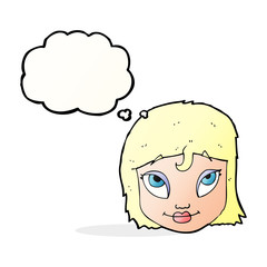 cartoon woman smiling with thought bubble