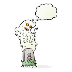 cartoon ghost rising from grave with thought bubble