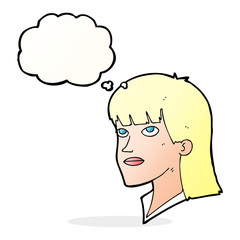 cartoon serious woman with thought bubble