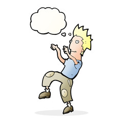 cartoon happy man doing funny dance with thought bubble