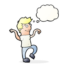 cartoon happy man doing funny dance with thought bubble