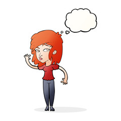 cartoon pretty woman waving with thought bubble