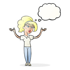 cartoon woman raising hands in air with thought bubble