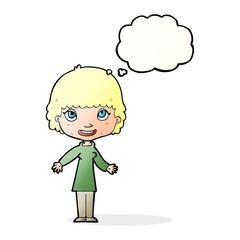 cartoon happy woman with thought bubble