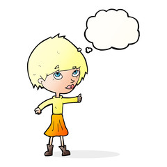 cartoon woman giving thumbs up symbol with thought bubble