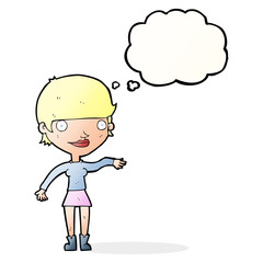 cartoon happy woman  with thought bubble