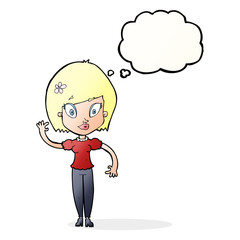 cartoon pretty woman waving with thought bubble