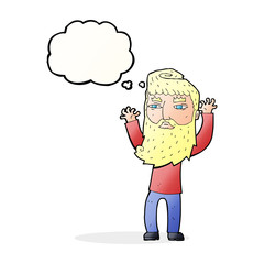 cartoon bearded man waving arms with thought bubble