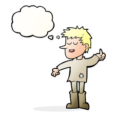 cartoon poor boy with positive attitude with thought bubble