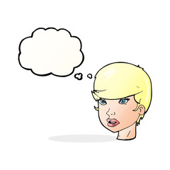 cartoon pretty female face with thought bubble