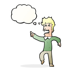 cartoon frightened man pointing with thought bubble
