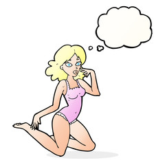 cartoon woman in lingerie with thought bubble
