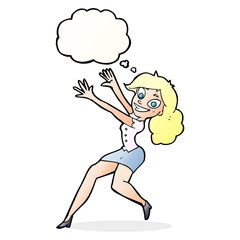 cartoon happy woman jumping with thought bubble