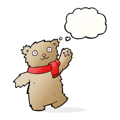 cartoon teddy bear wearing scarf with thought bubble